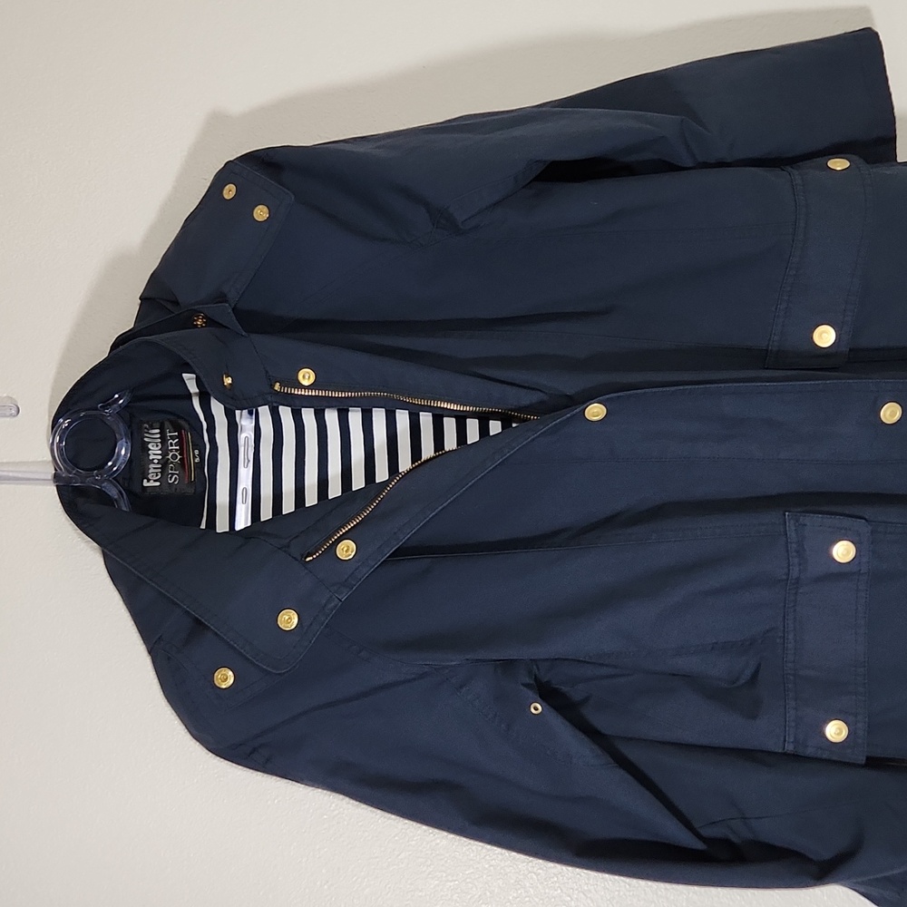 Fen-nelli Navy Striped Lined Hooded Coat Gold Snaps Size 5/6